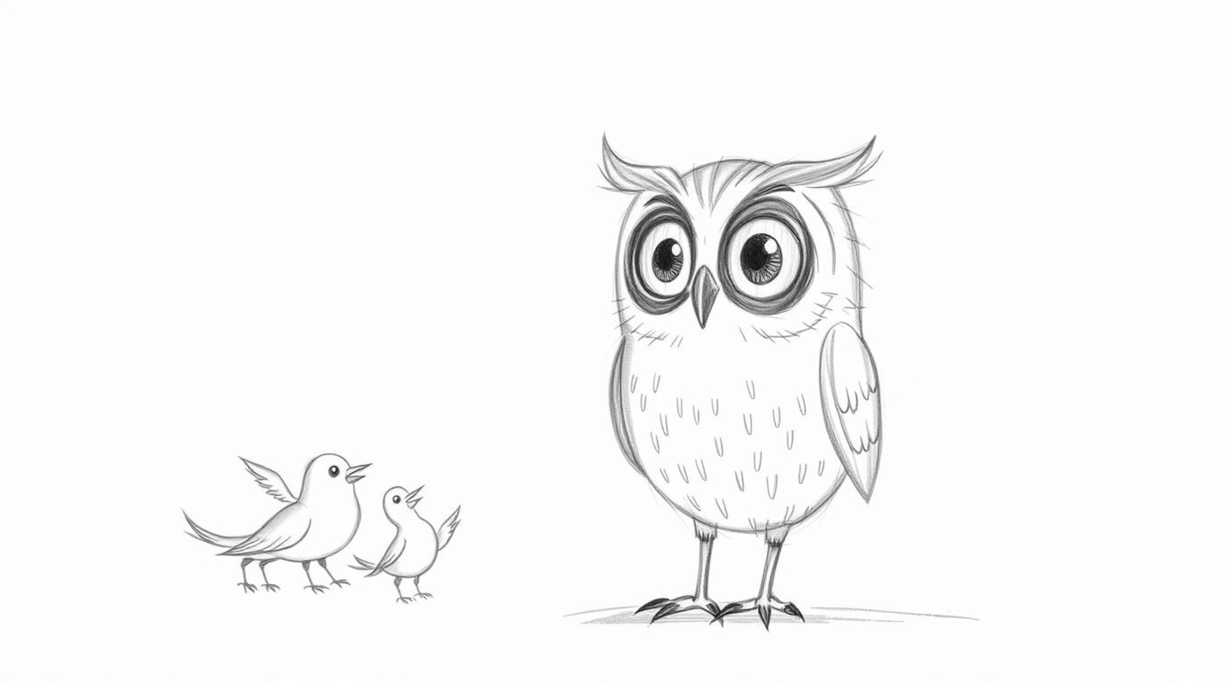 A whimsical, hand-drawn sketch in the style of Pixar depicts a blind owl with large expressive eyes teaching a flock of birds
