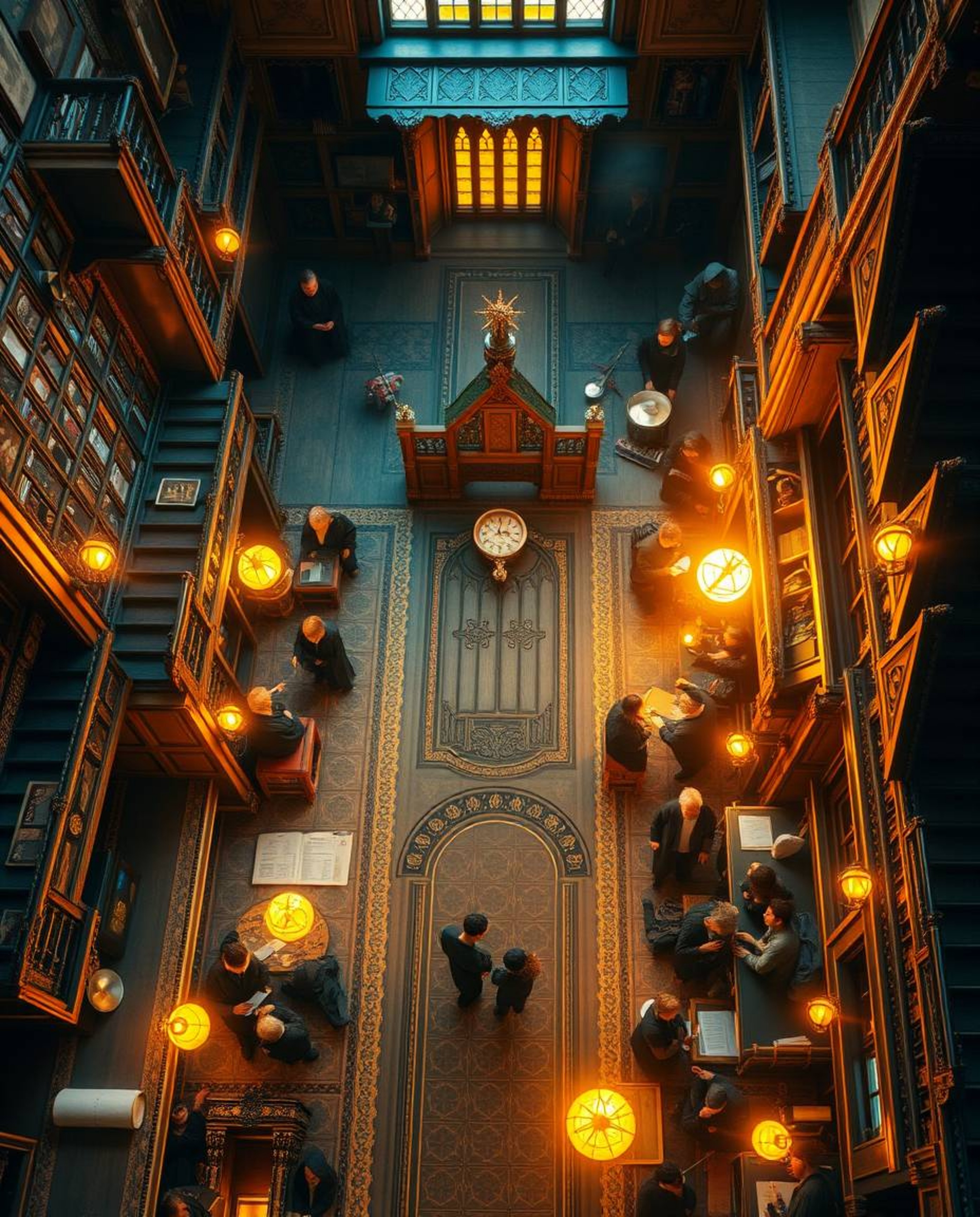 Experience a breathtaking overhead bird's eye view of a magical school teeming with young wizards, bathed in a warm and invit
