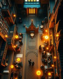 Experience a breathtaking overhead bird's eye view of a magical school teeming with young wizards, bathed in a warm and invit