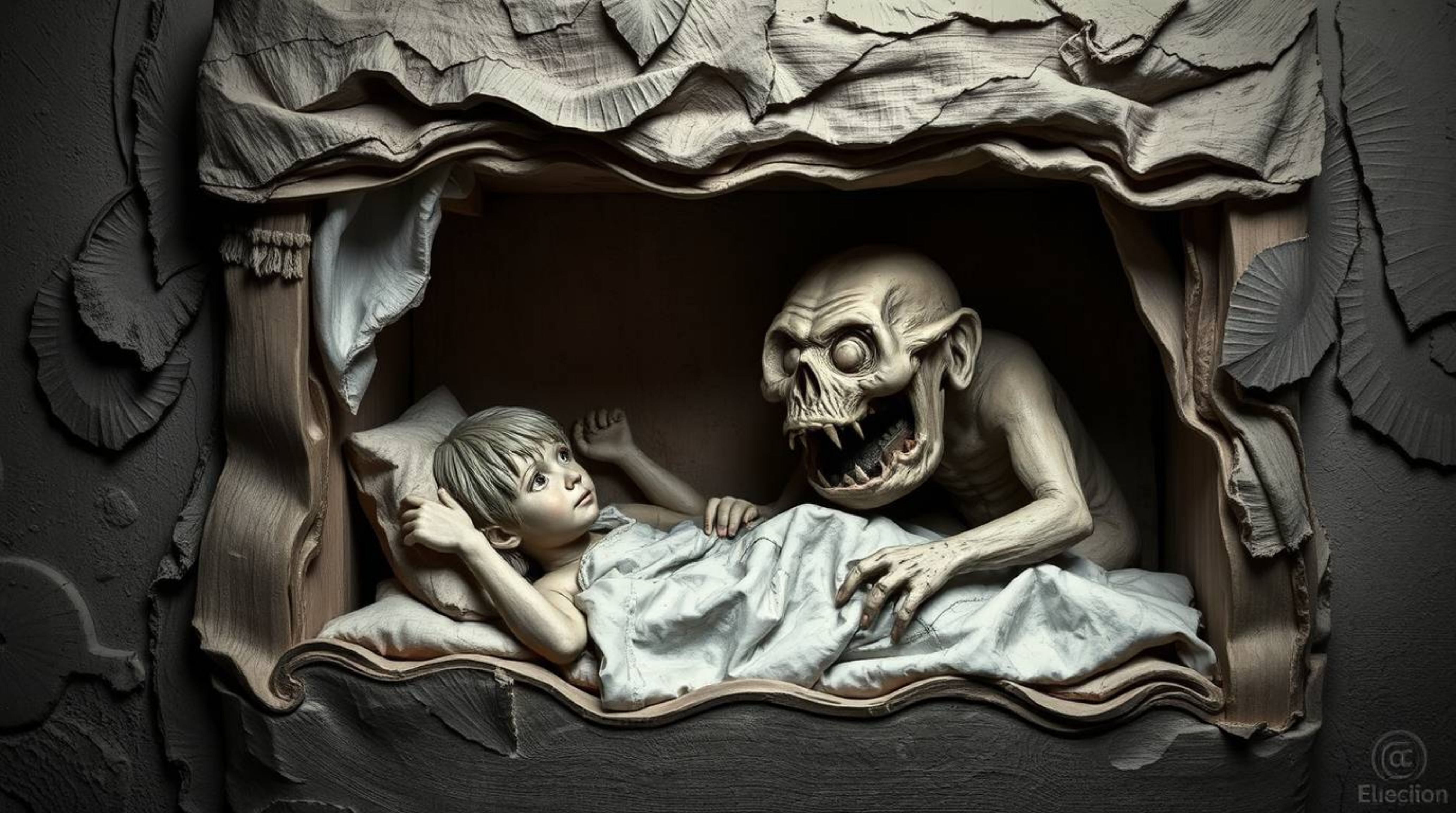 A captivating papier-mâché artwork depicts a child and a friendly monster sharing a space under the bed.  The piece features 