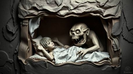 A captivating papier-mâché artwork depicts a child and a friendly monster sharing a space under the bed.  The piece features 