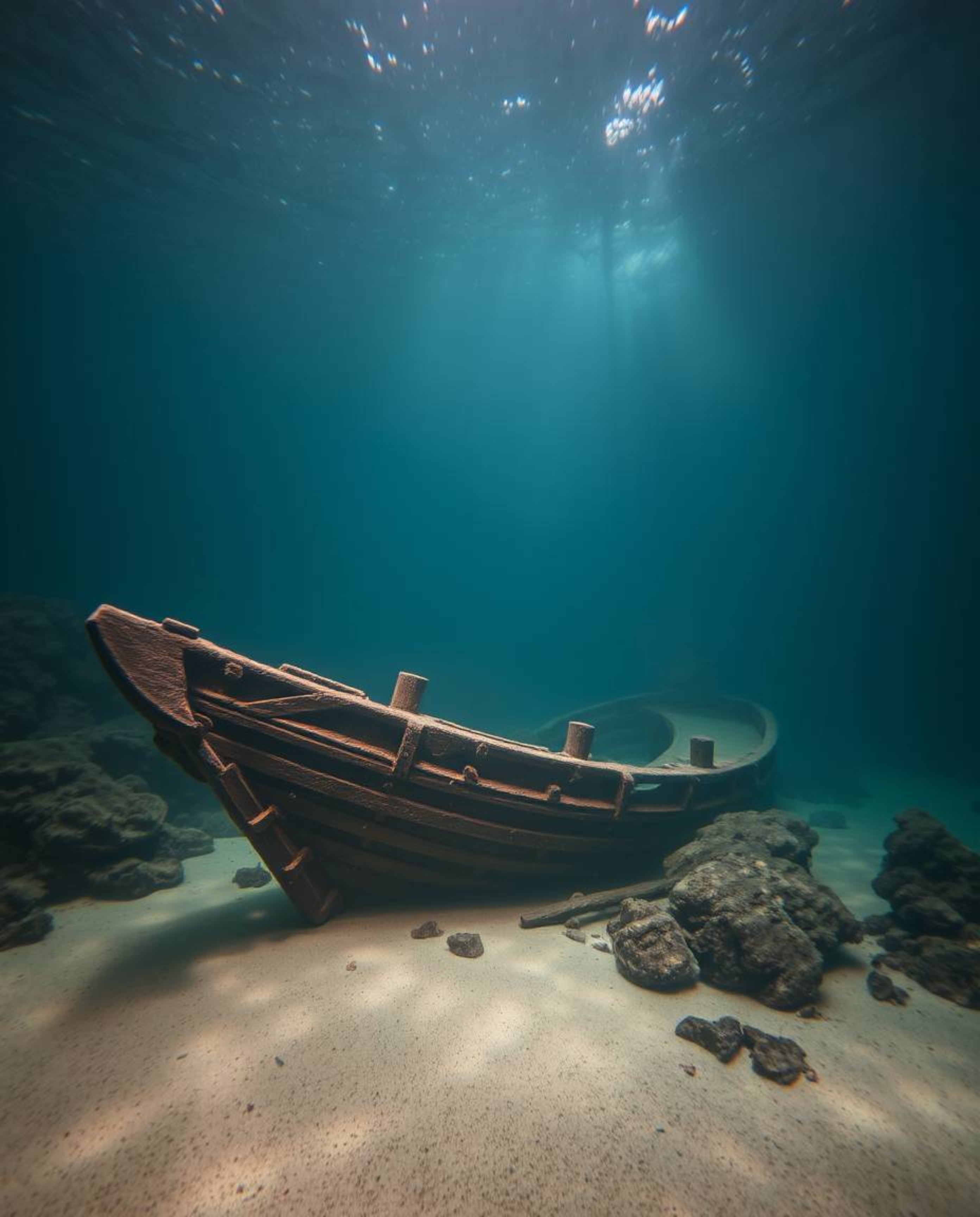 Discover breathtaking imagery of an underwater shipwreck bathed in ethereal light.  This mystical scene features natural eart