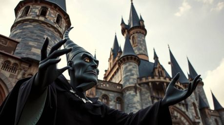 A captivating image of a classic Disney villain with defined features and dark skin casting a spell within a sharply detailed