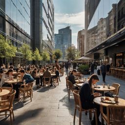 Experience the vibrant pulse of a modern city center, characterized by towering glass buildings and expansive pedestrian stre