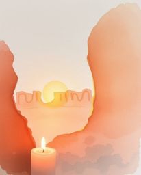 A delicate watercolor painting depicts a sunset illuminating sandstone canyon cliffs, uniquely lit by the warm glow of candle