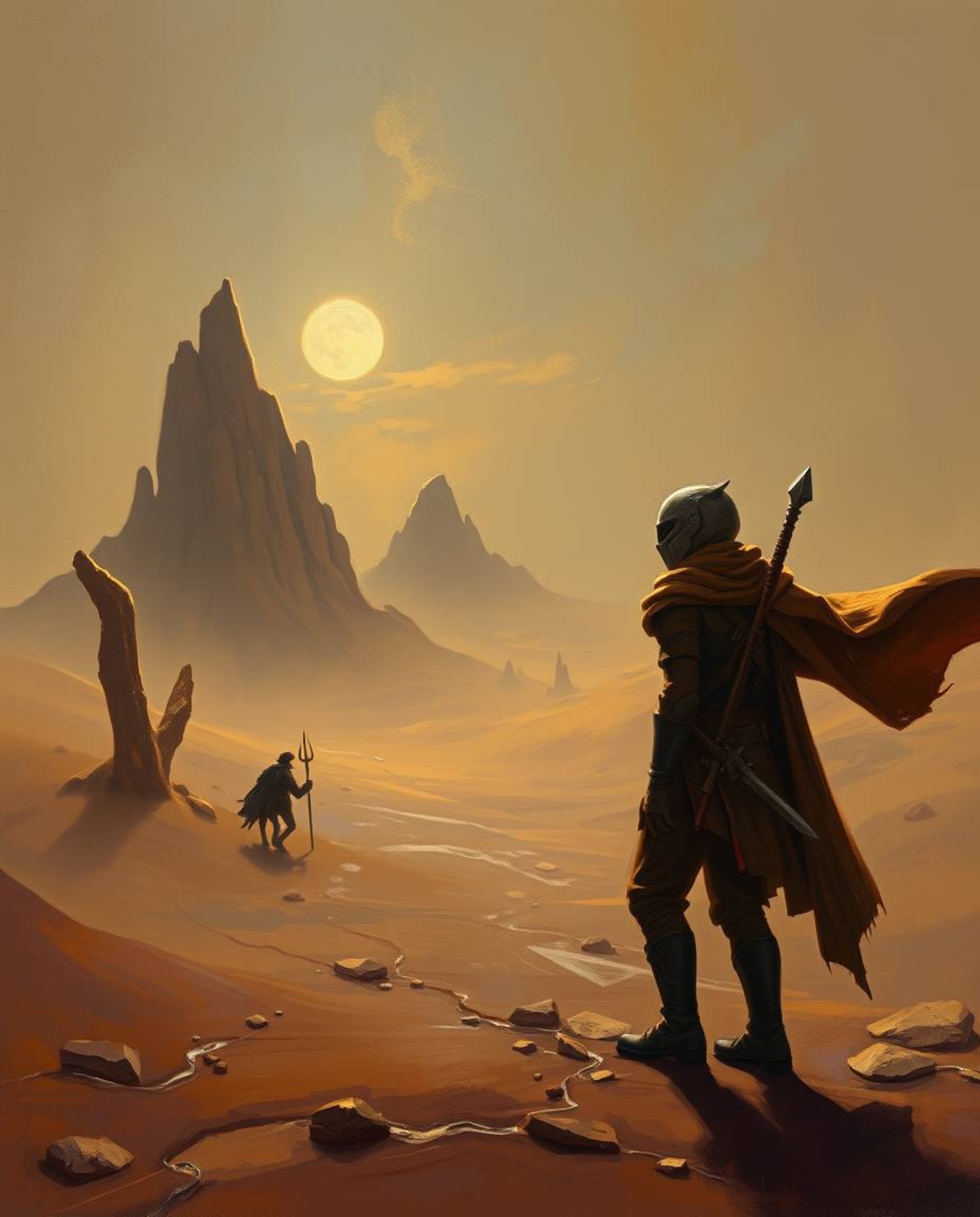 Immerse yourself in a Disney-esque desert adventure featuring a courageous hero, rendered in the timeless style of classic oi
