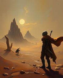 Immerse yourself in a Disney-esque desert adventure featuring a courageous hero, rendered in the timeless style of classic oi