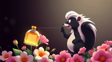 A whimsical cartoon skunk playfully sprays perfume onto vibrant flowers, brought to life with smooth gradient transitions and