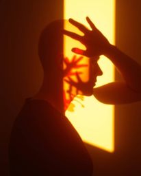 Explore captivating modern art featuring a warm and gentle light illuminating a human silhouette formed by colorful splash pa