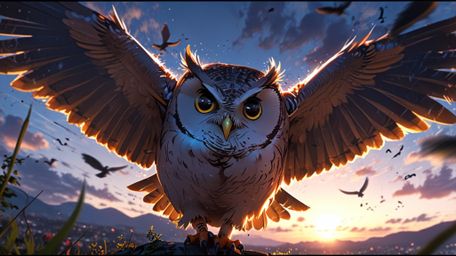 In a beautifully serene and uplifting scene, rendered in a captivating blend of Pixar and anime styles, a wise blind owl prep