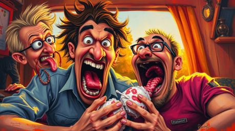 This bold acrylic painting captures a hilarious gross-out comedy moment bathed in the warm glow of golden hour light. Exagger