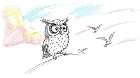 A heartwarming hand-drawn sketch in Pixar style depicts a wise, blind owl with wrinkled features guiding fledgling birds in f