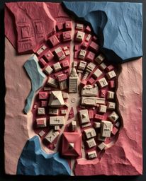 Discover stunning sculptural clay art depicting an abstract city map.  This piece features geometric shapes in rich burgundy 