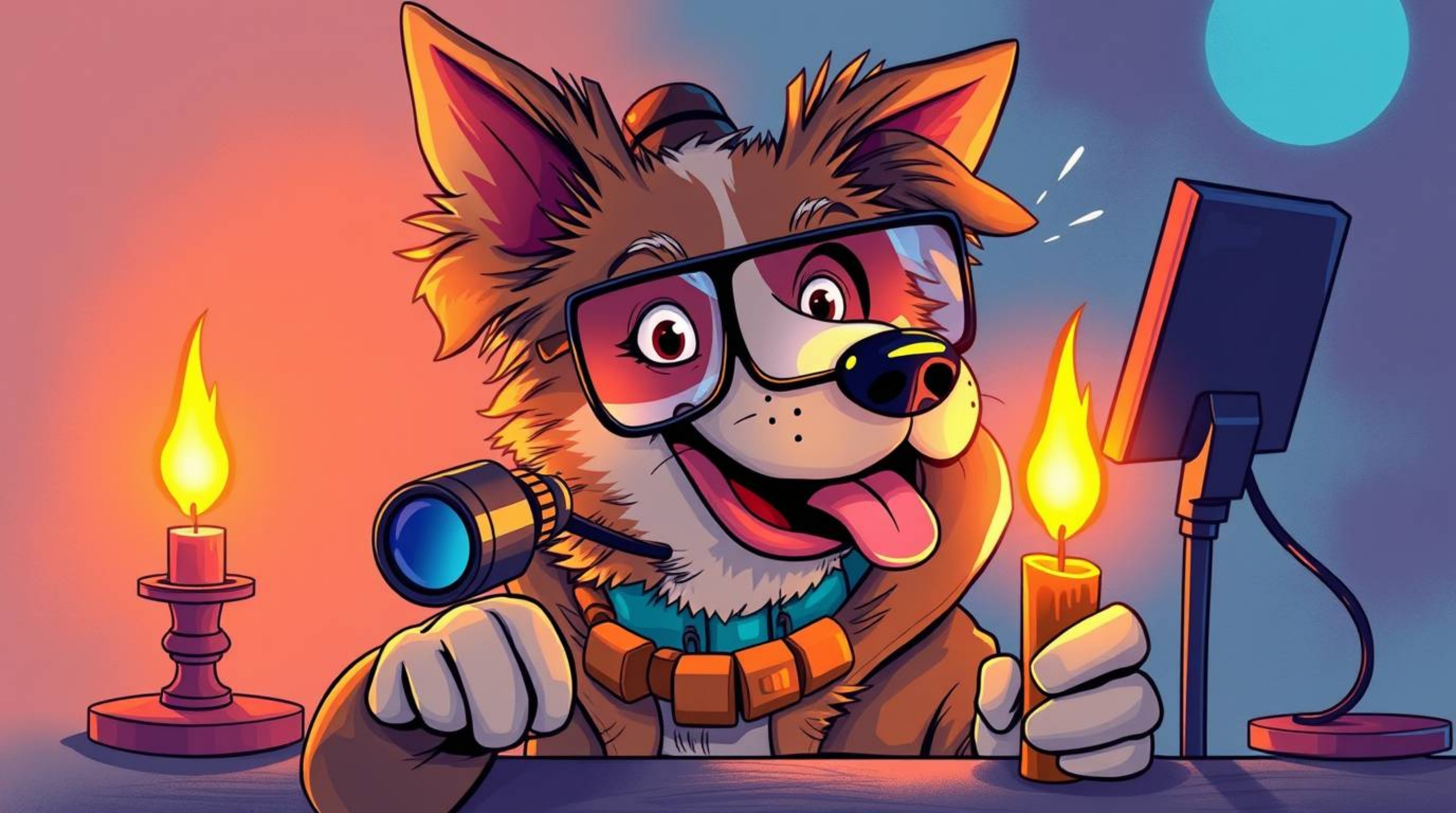 A captivating illustration of a canine detective utilizing state-of-the-art gadgets in a scene filled with warm candlelight, 