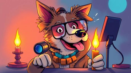 A captivating illustration of a canine detective utilizing state-of-the-art gadgets in a scene filled with warm candlelight, 