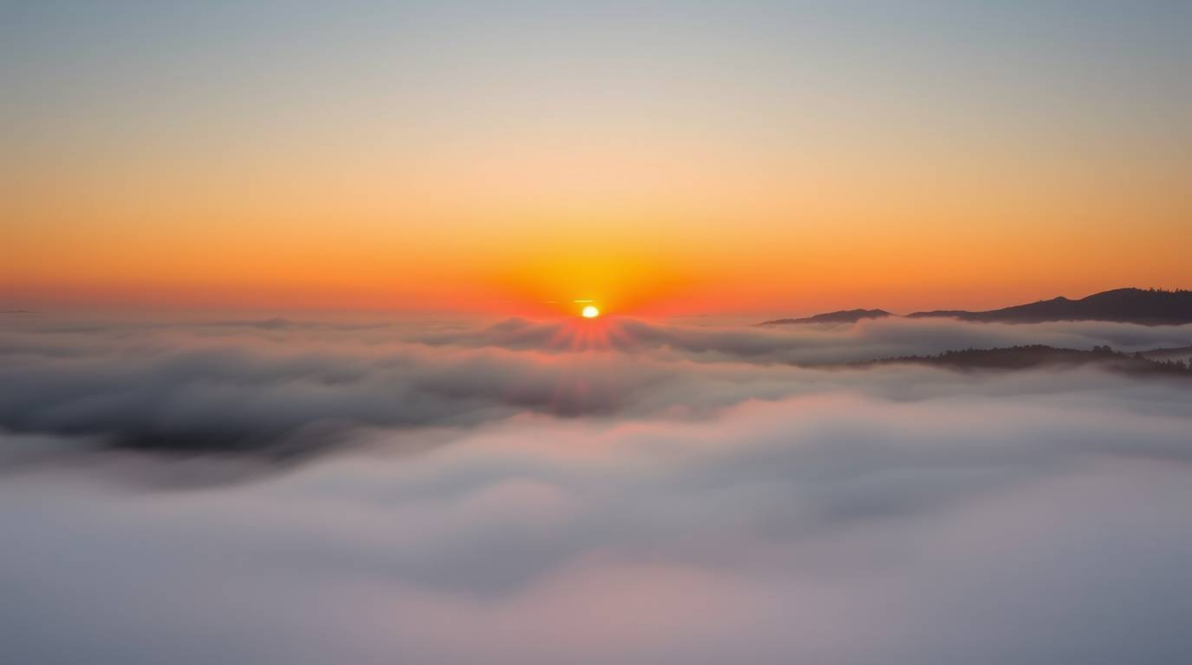 This image captures the ethereal beauty of fog-covered hills bathed in the warm light of a setting sun. The thick fog creates