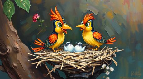 This vibrant oil painting depicts two cartoon birds diligently building their nest in a classic animation style. The artwork