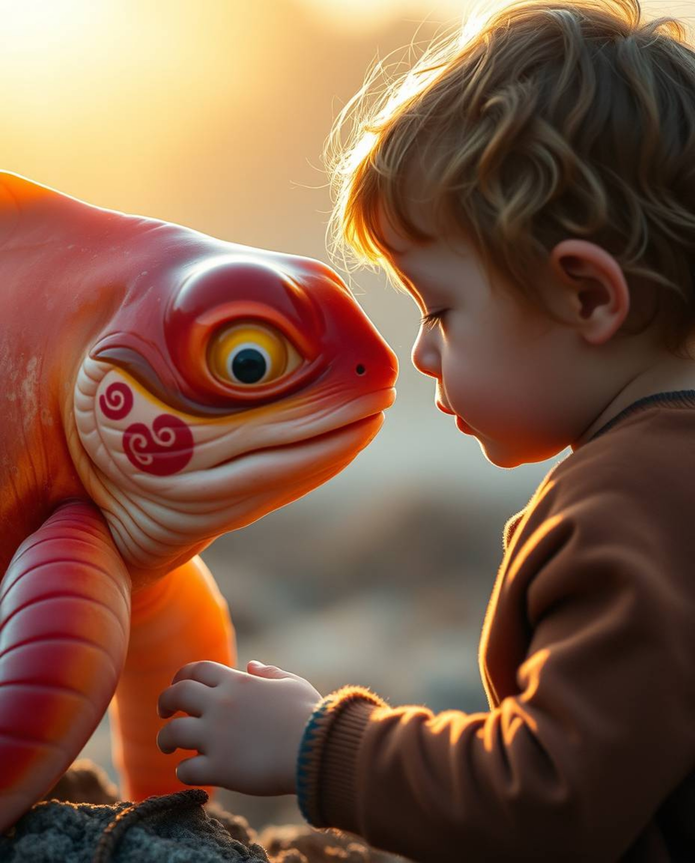 A heartwarming image depicting a whimsical sea creature with warm, inviting colors befriending a child bathed in soft golden 