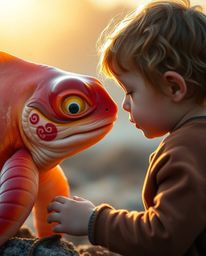 A heartwarming image depicting a whimsical sea creature with warm, inviting colors befriending a child bathed in soft golden