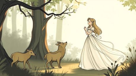 A captivating hand-drawn sketch depicts a princess in a flowing gown, singing to enchanted forest animals. Rendered in a vin
