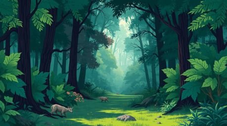 Immerse yourself in a lush and vibrant illustration depicting a thrilling chase through a mesmerizing looping forest. Rendere