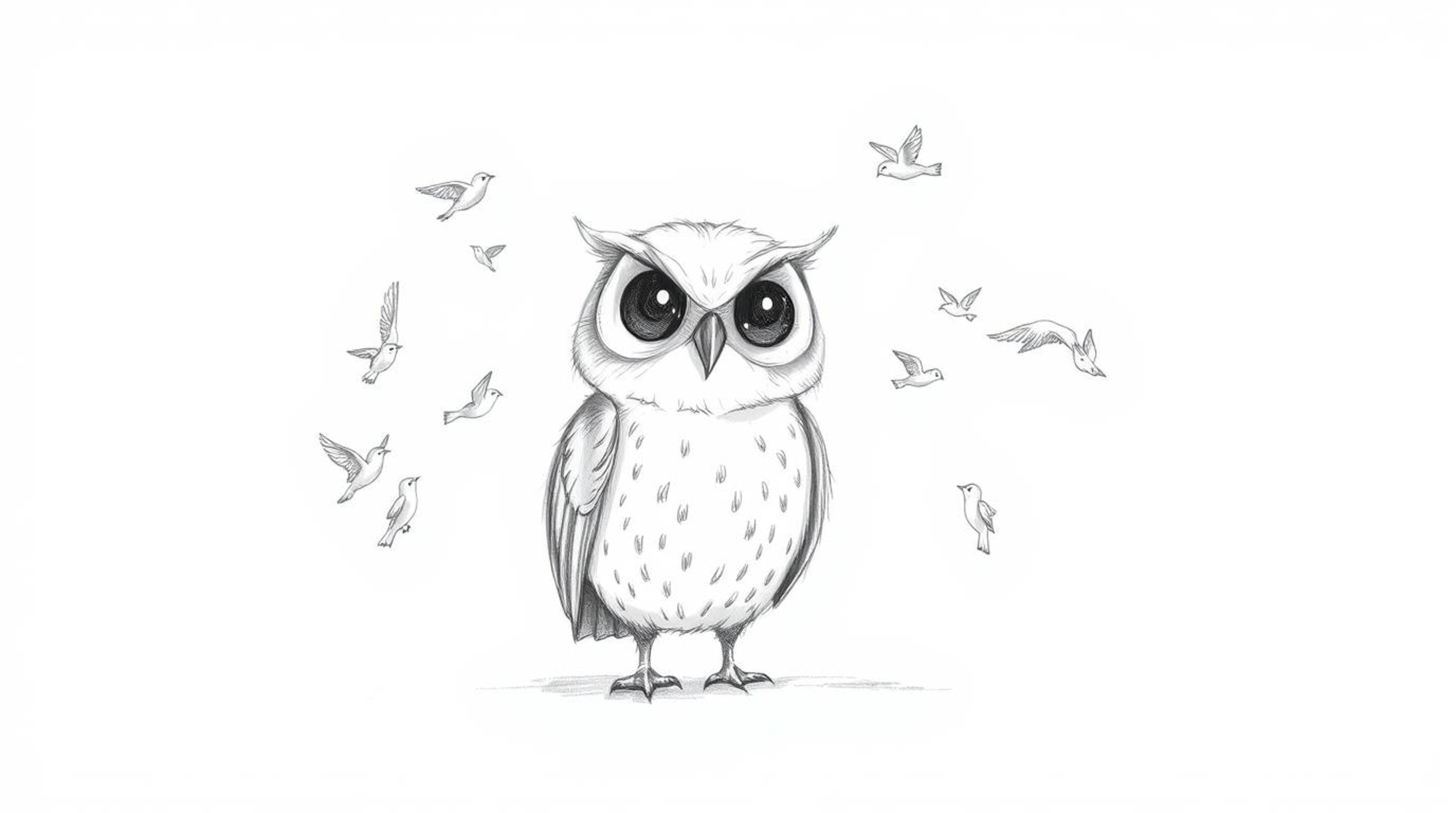 A heartwarming scene unfolds with a whimsical hand-drawn pencil sketch of a blind owl, rendered in a delightful Pixar-esque s