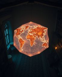 Experience a mesmerizing scene: a high-angle view of an intricately designed, origami-style glowing map projected in the air 