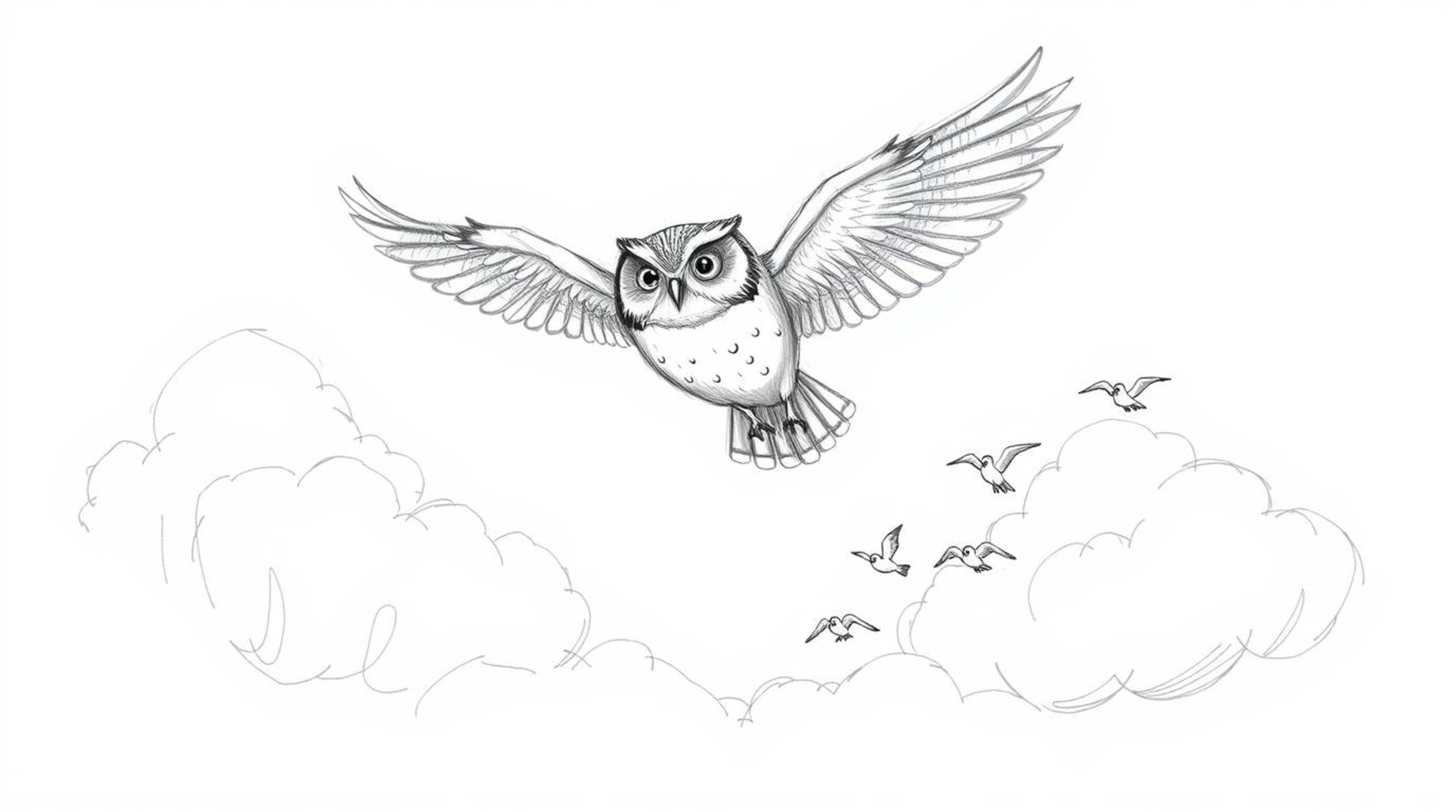 A heartwarming Pixar-style image featuring a rough-textured, hand-drawn pencil sketch of a blind owl with subtly defined faci