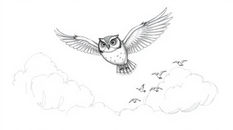 A heartwarming Pixar-style image featuring a rough-textured, hand-drawn pencil sketch of a blind owl with subtly defined faci