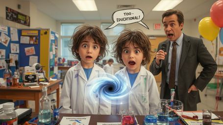 In a vibrant, cinematic photograph rendered in a hyper-realistic, Pixar-inspired style, a dynamic science fair duo unwittingl