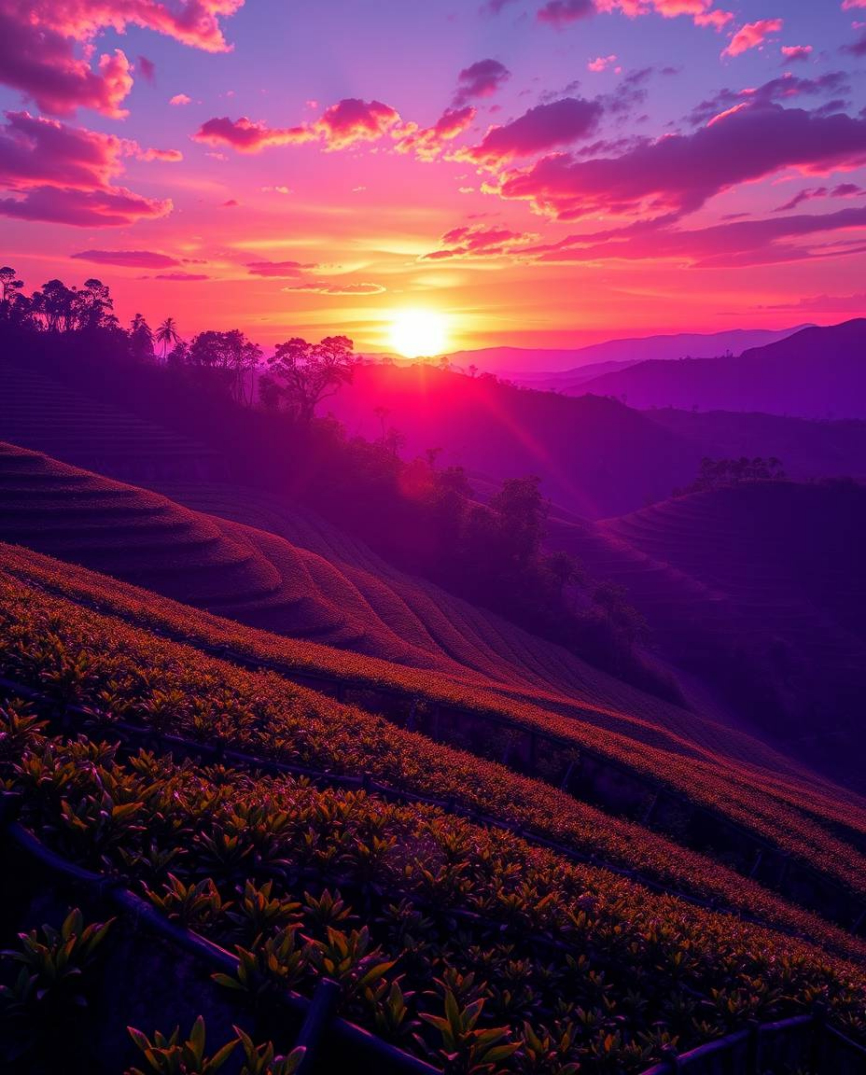 This stunning digital painting captures a sunset over terraced tea plantations with a fantastical and vibrant aesthetic. The 