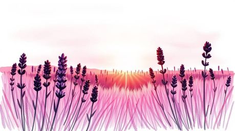 A vibrant, hand-drawn sketchnote illustration depicting silhouetted lavender fields bathed in the ethereal glow of a dreamy p