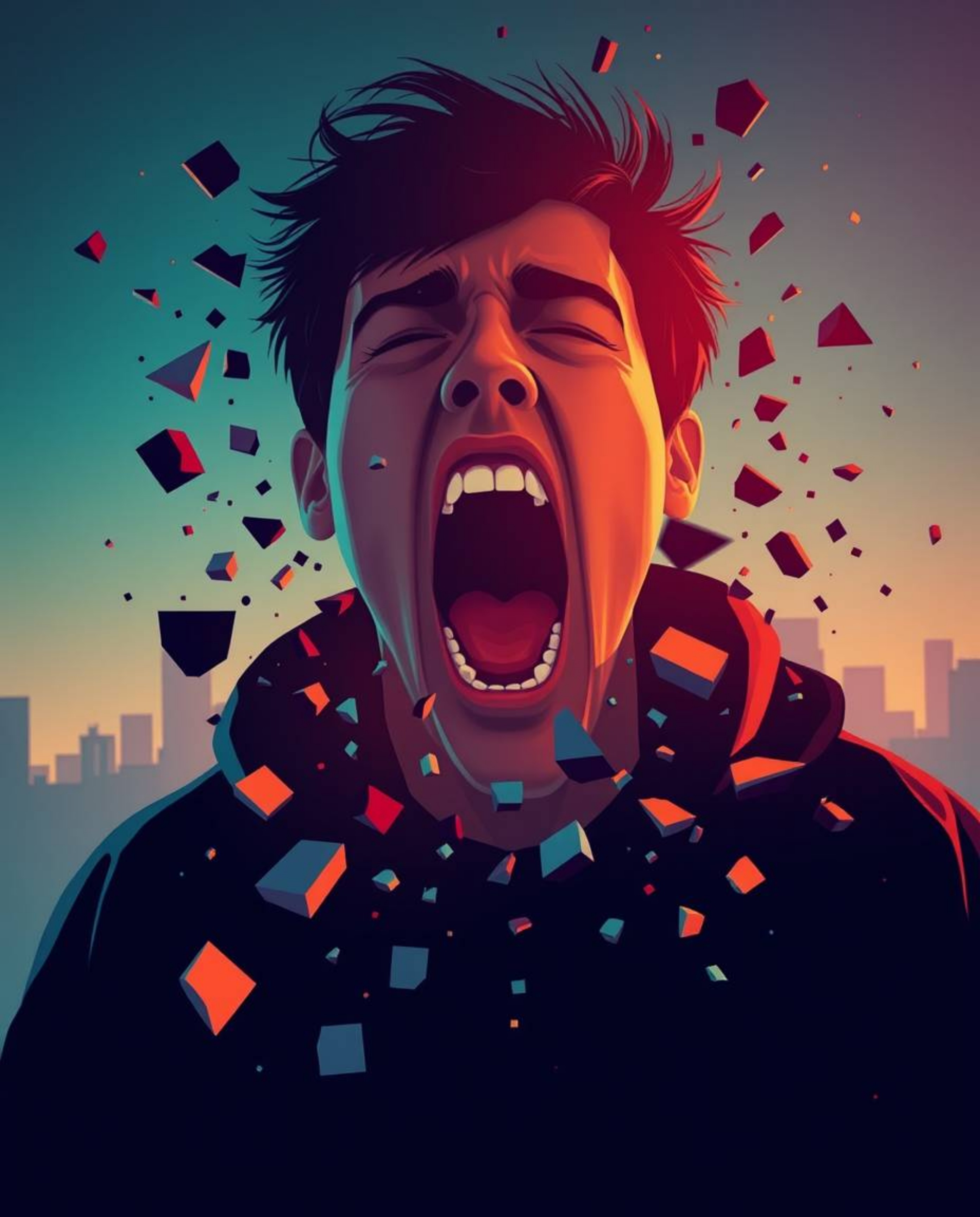 Experience a visually arresting scene of a person screaming as their world dissolves into digital pixels, rendered in a moder