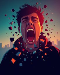 Experience a visually arresting scene of a person screaming as their world dissolves into digital pixels, rendered in a moder
