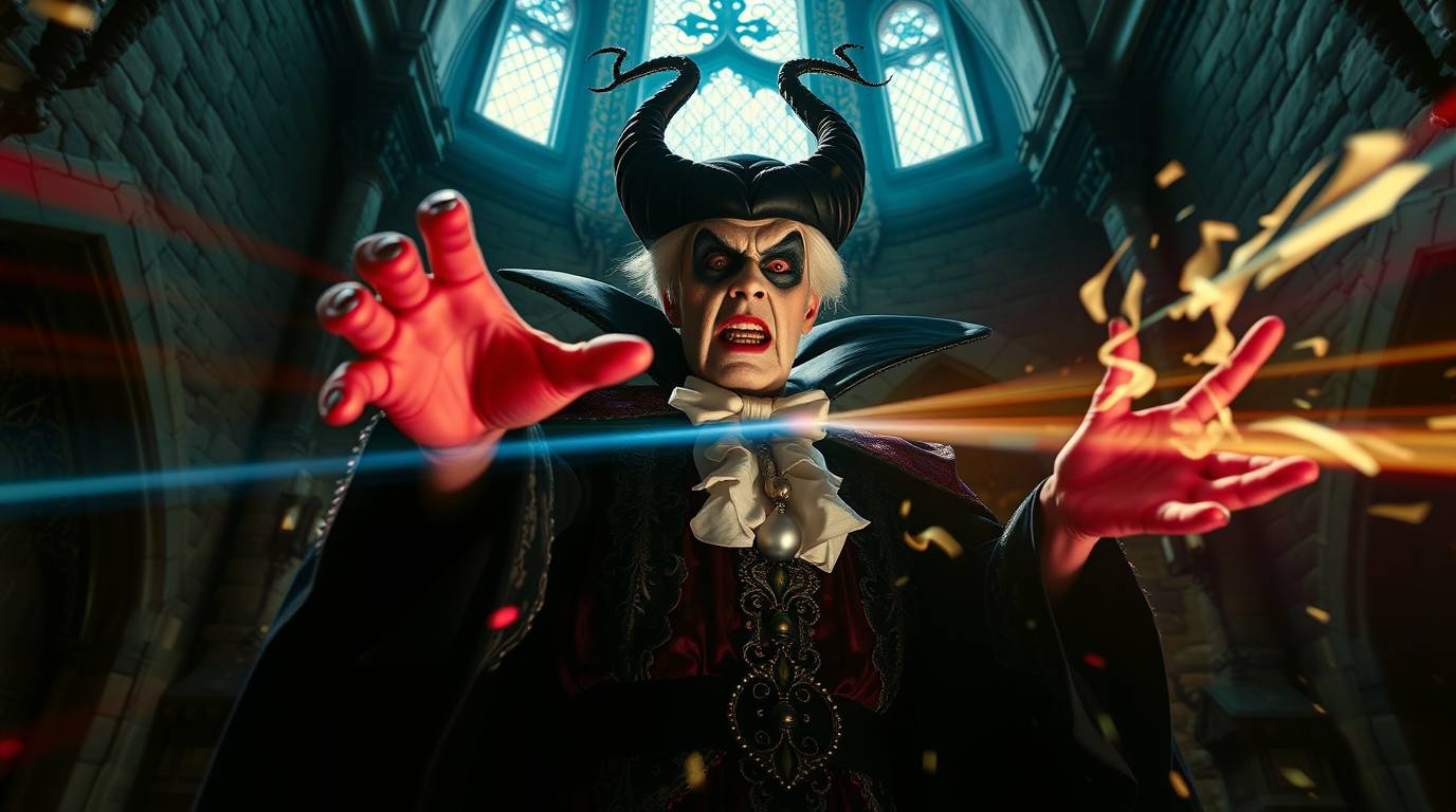 A captivating image of a classic Disney villain, adorned in ornate robes and dramatic makeup, casting a spell within a majest