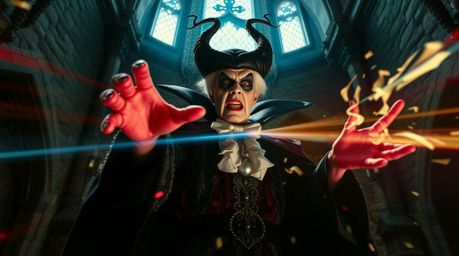A captivating image of a classic Disney villain, adorned in ornate robes and dramatic makeup, casting a spell within a majest