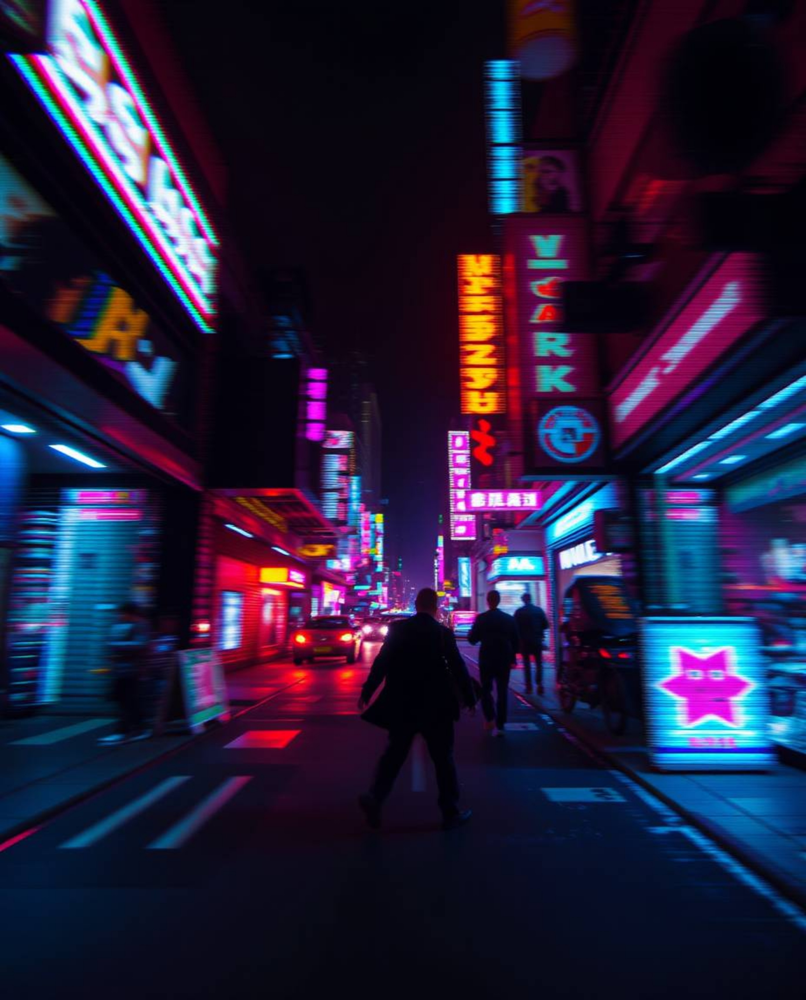 A captivating pixelated glitch art image depicting a cyberpunk street scene.  The dynamic motion, neon haze, chiaroscuro ligh
