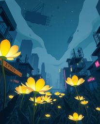 A captivating modern flat design depicts bioluminescent flowers glowing vibrantly in a post-apocalyptic cityscape.  The low-a