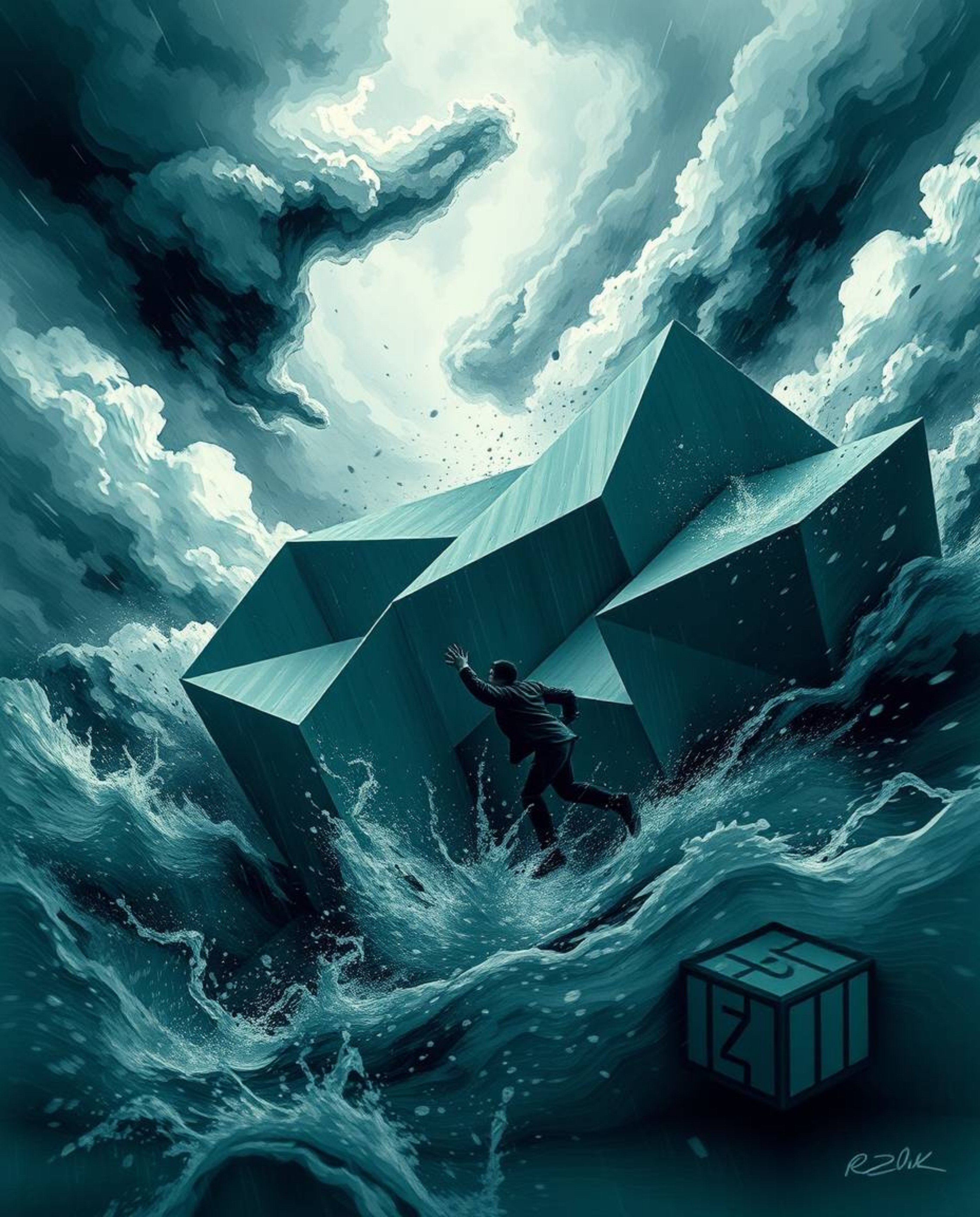 This striking monochrome image captures a dynamic scene accentuated by a 3D geometric pattern reminiscent of folded paper. Th