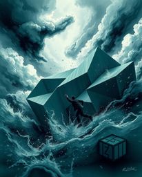 This striking monochrome image captures a dynamic scene accentuated by a 3D geometric pattern reminiscent of folded paper. Th