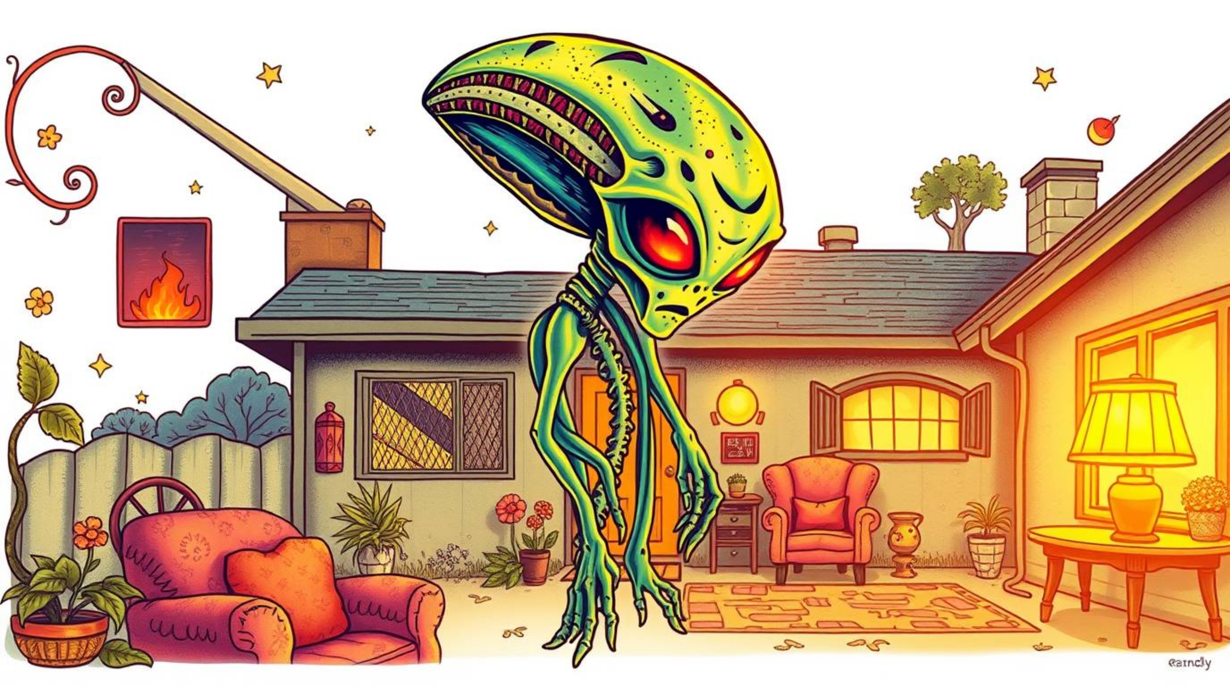 A captivating traditional tattoo art print depicting an alien residing in a suburban house.  The artwork features a warm gold