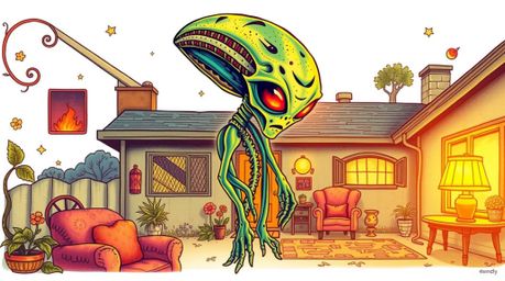 A captivating traditional tattoo art print depicting an alien residing in a suburban house.  The artwork features a warm gold