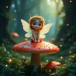 A captivating image depicts a delicate fairy perched on a vibrant mushroom within an enchanted forest. Adorned with shimmerin