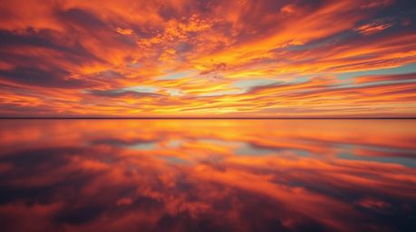 An overhead shot captures a tranquil lake mirroring a breathtaking sunset.  The vibrant complementary colors create a dreamli