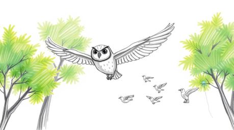 A heart-warming, hand-drawn sketch in the style of Pixar portrays a gentle, blind owl guiding a flock of small birds in their