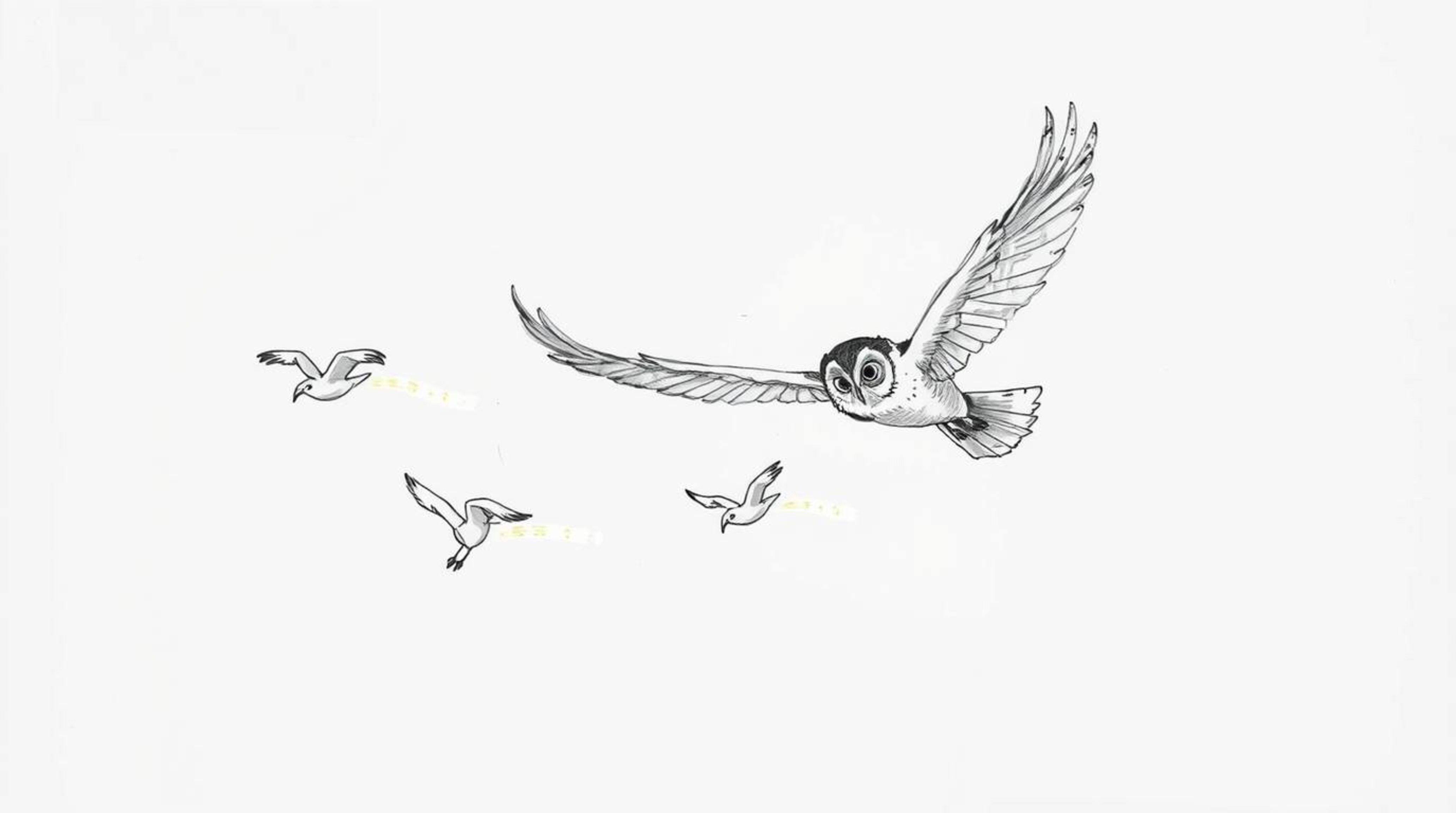 A captivating hand-drawn sketch in the style of Pixar depicts a blind owl in mid-flight, guiding several birds to learn to fl