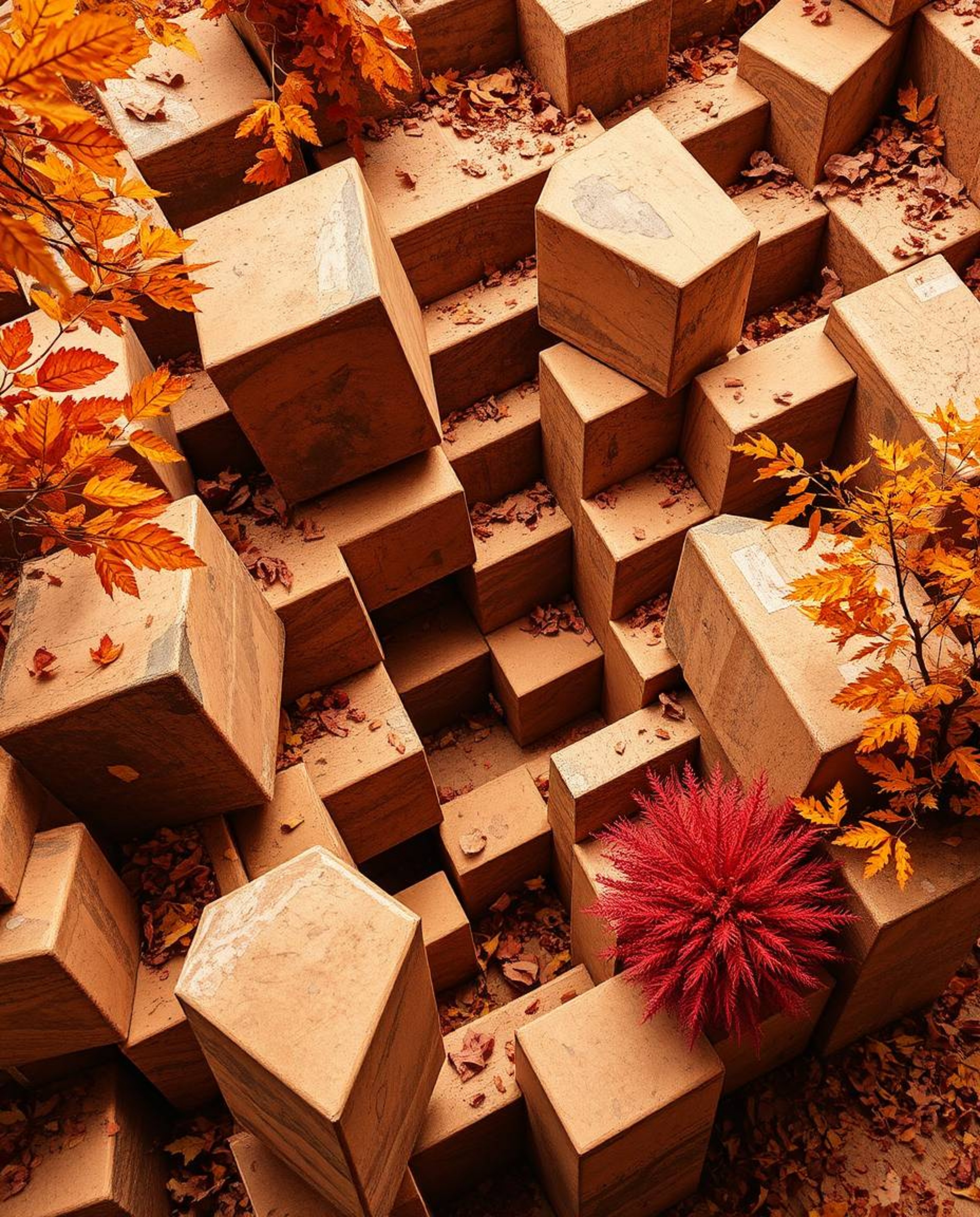 Capture the essence of a warm autumn with a photograph showcasing Escher-style impossible geometry through a repetitive cube 