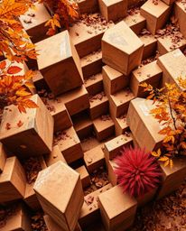Capture the essence of a warm autumn with a photograph showcasing Escher-style impossible geometry through a repetitive cube 
