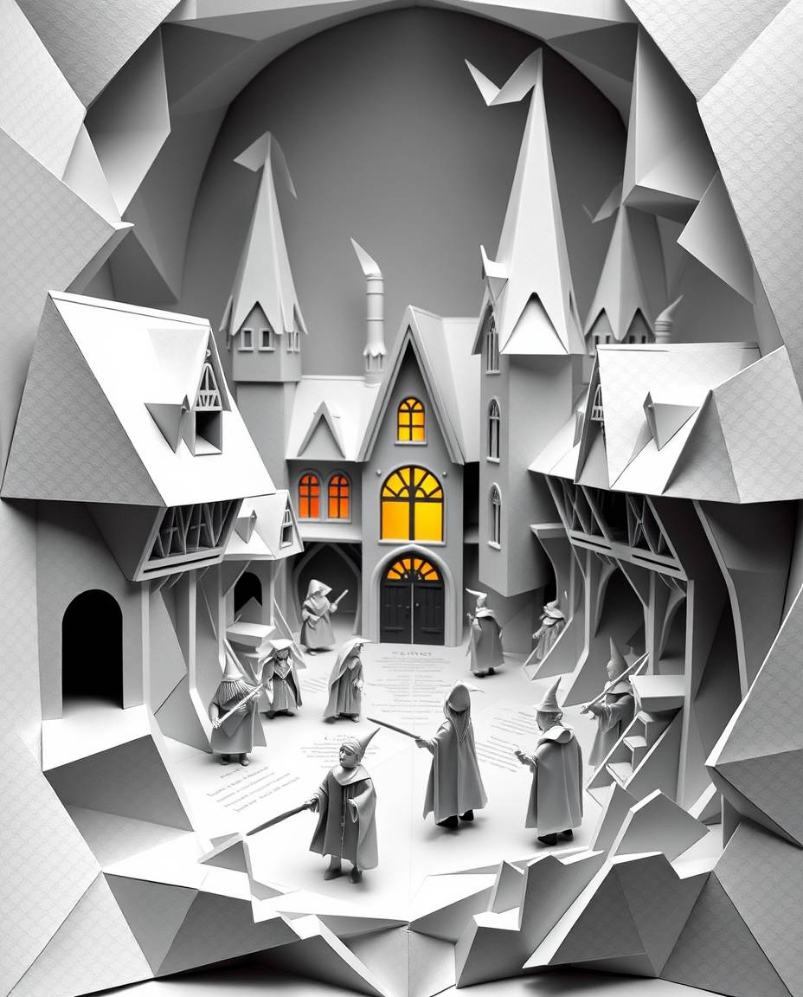 Discover a captivating image of a magical school brimming with young wizards, meticulously crafted in an intricate origami st