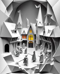 Discover a captivating image of a magical school brimming with young wizards, meticulously crafted in an intricate origami st